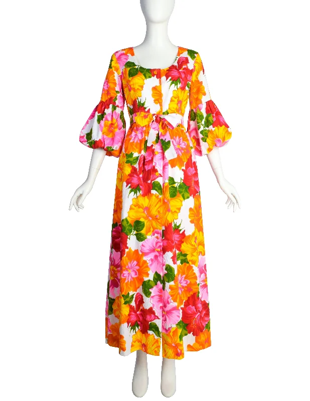 Hilo Hattie Vintage 1960s Hawaiian White Pink Yellow Hibiscus Floral Maxi Dress Stylish Boho Chic Maxi Dress