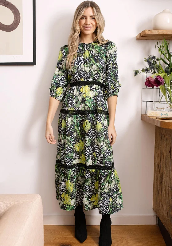 Hope & Ivy Dora Floral Tiered Maxi Dress, Green and Black Elegant Sleeveless Maxi Dress