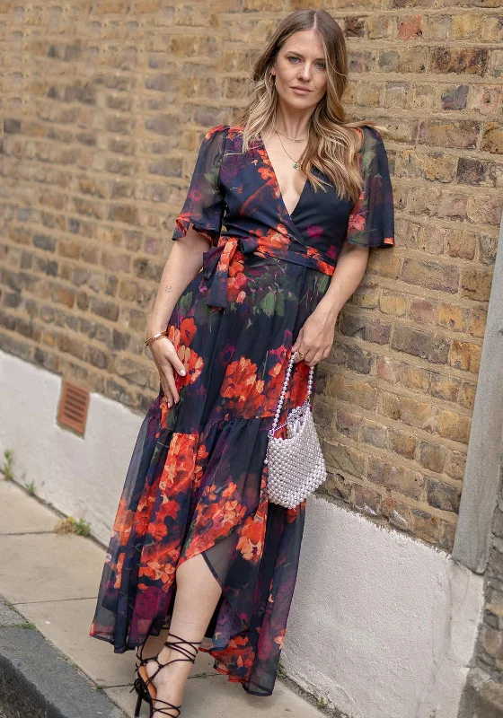 Hope & Ivy Nova Flutter Sleeve Floral Wrap Maxi Dress, Black and Orange Stylish Maxi Dress with Frills