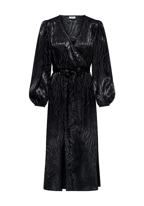 JDY Diffi Print Satin Wrap Maxi Dress, Black Comfortable Fit-and-Flare Maxi Dress