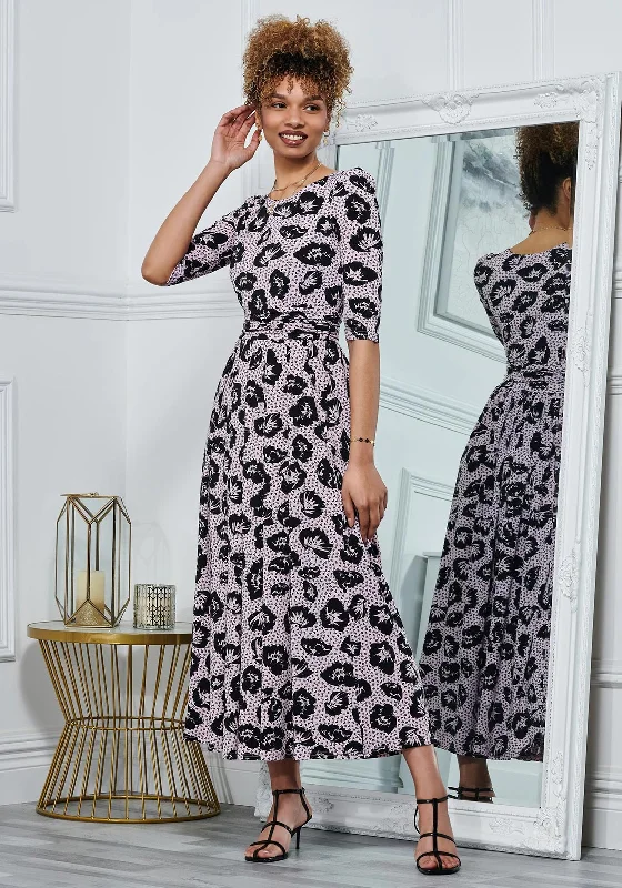 Jolie Moi Ozella Floral A Line Maxi Dress, Pink & Black Elegant Velvet Maxi Dress