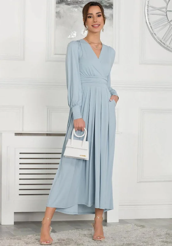 Jolie Moi Rashelle Long Sleeve Maxi Dress, Ice Blue Stylish Maxi Dress with Pleats