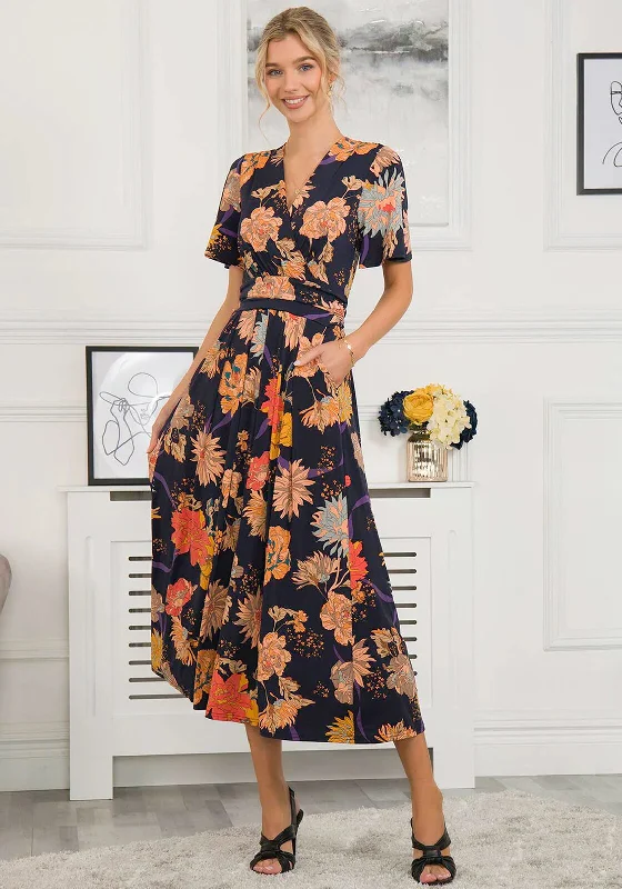 Jolie Moi Sheyra Floral Print Jersey Maxi Dress, Navy Orange Cozy Cold-Shoulder Maxi Dress