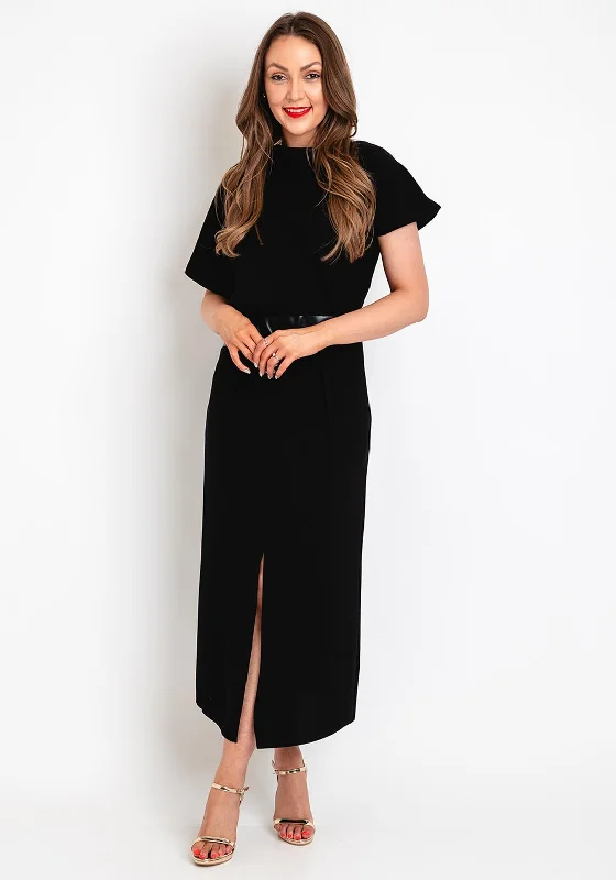 Kameya Faux Leather Banded Waist Maxi Dress, Black Trendy Short Sleeve Maxi Dress