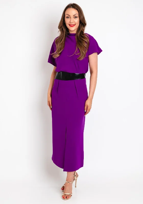 Kameya Faux Leather Banded Waist Maxi Dress, Purple Stylish Off-Shoulder Maxi Dress