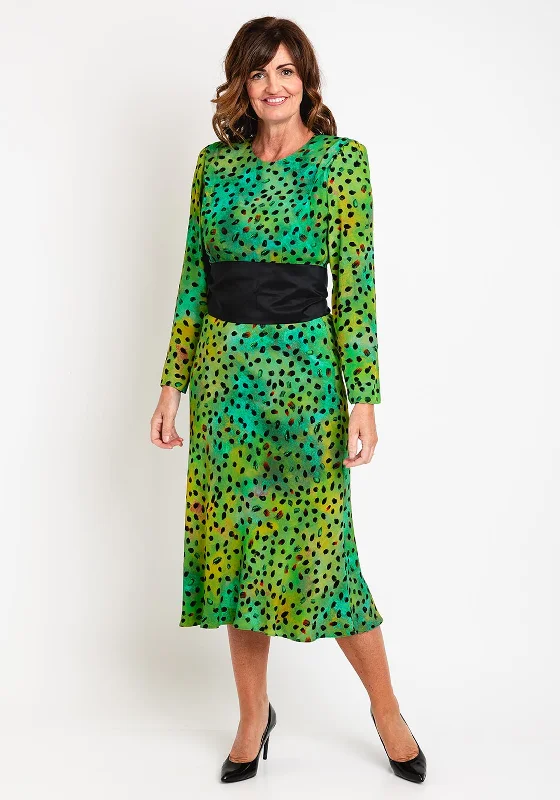 Kameya Belted Waist, Polka Dot Print Maxi Dress, Green Trendy Ruffled Maxi Dress