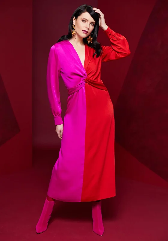 Kate Cooper Two Tone Twist Waist Detail Maxi Dress, Red & Pink Fashionable Button-Down Maxi Dress