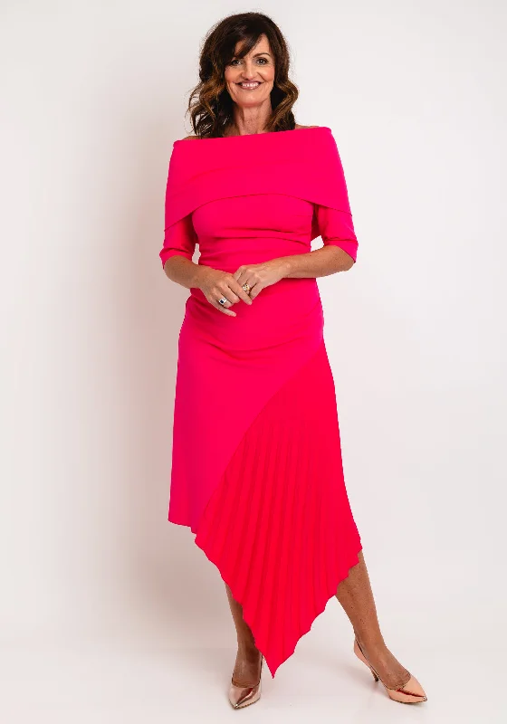 Kevan Jon Delauney Bardot, Pleated Skirt Maxi Dress, Hot Pink Trendy Off-Shoulder Ruffle Maxi Dress