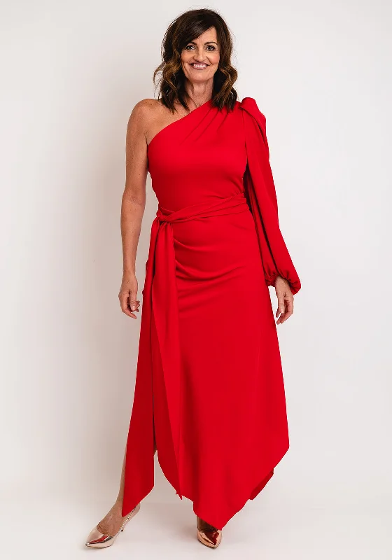 Kevan Jon Lila One Sleeve Maxi Dress, Red Elegant Maxi Dress with Pockets