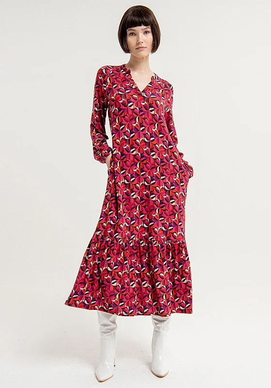 Surkana Flower Pattern, Frill Hem Maxi Dress, Red Stylish Off-Shoulder Maxi Dress