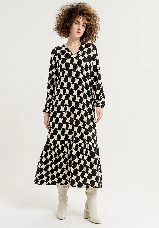 Surkana Houndstooth Print, Frill Hem Maxi Dress, Black Fashionable Open-Back Maxi Dress