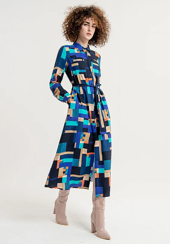 Surkana Abstract Print Shirt Maxi Dress, Blue Fashionable High-Waist Maxi Dress