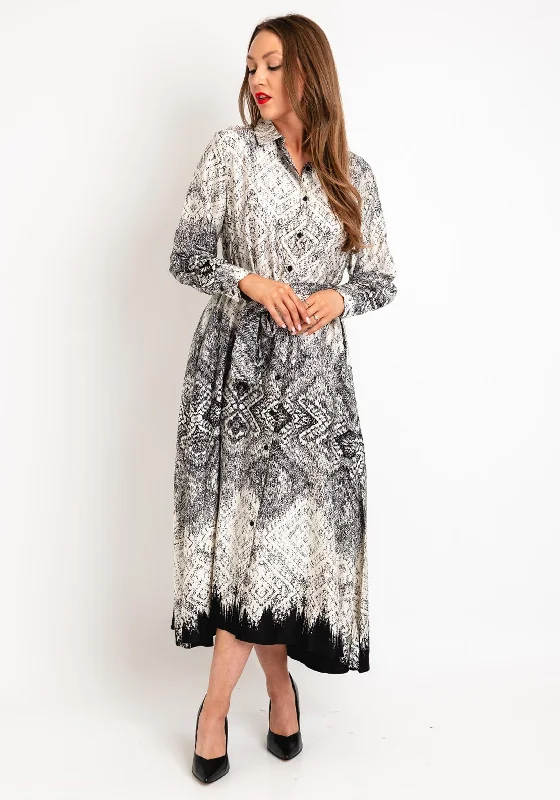 Natalia Collection One Size Scattered Print Shirt Maxi Dress, Black & White Elegant Wraparound Maxi Dress