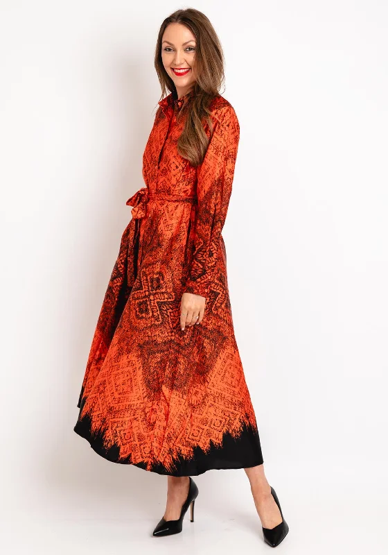 Natalia Collection One Size Scattered Print Shirt Maxi Dress, Orange Trendy Off-Shoulder Ruffle Maxi Dress