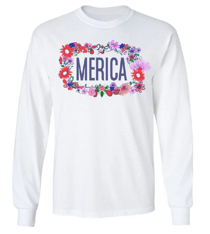 'Merica Floral Crown' Long Sleeve Tee Fleece Fabric Down Fabric Feather Fabric