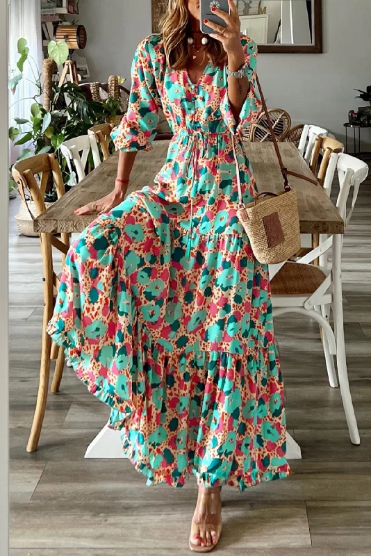 Multicolor Bohemia Print V Neck Ruffle Long Sleeve Maxi Dress Stylish Long Sleeve Maxi Dress