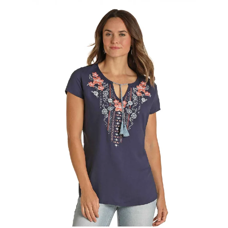 Panhandle Women's Floral Embroidered T-Shirt Solid Color Striped Floral