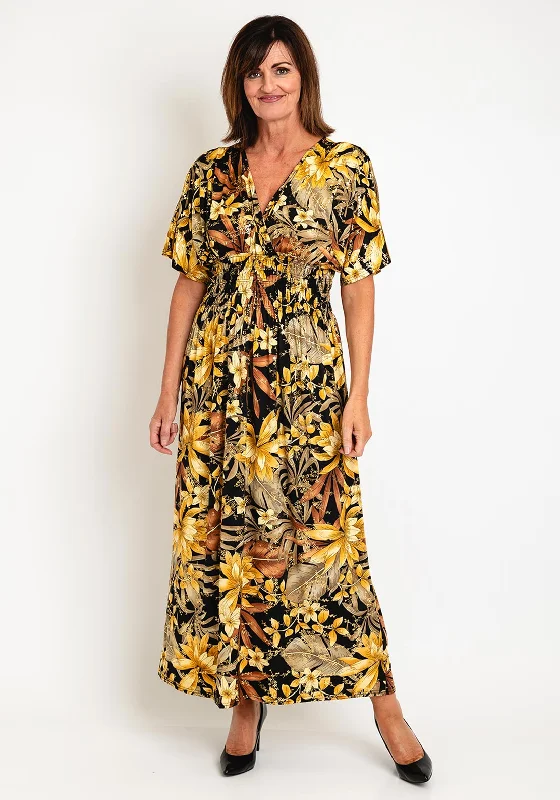 Natalia Collection One Size Floral Print Maxi Dress, Black & Gold Fashionable High-Waist Maxi Dress