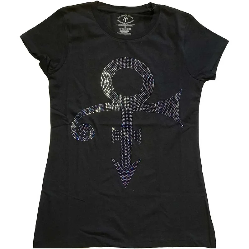 Prince | Official Ladies T-shirt | Purple Symbol (Diamante) Beaded Sequined Faux Fur