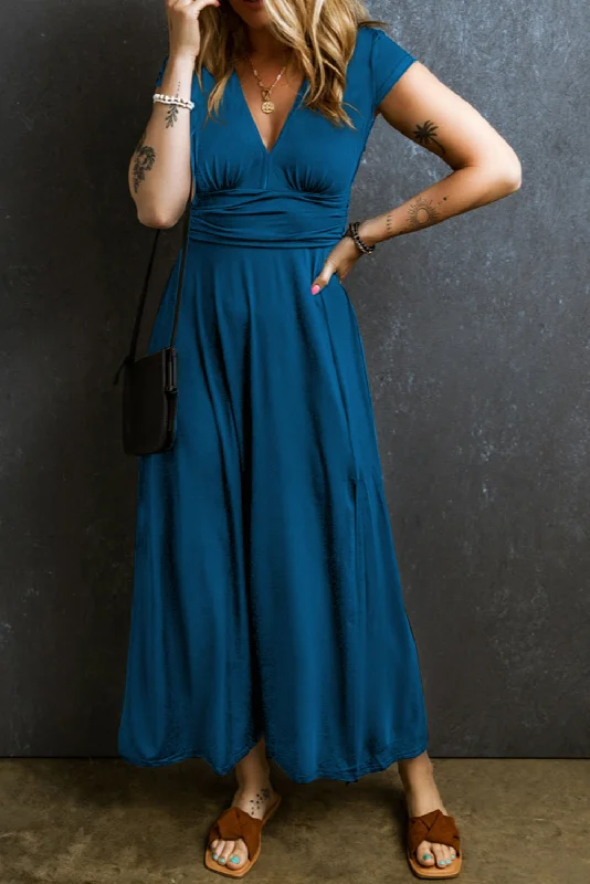 Short Sleeve Shirred High Waist V Neck Maxi Dress Elegant Tiered Maxi Dress