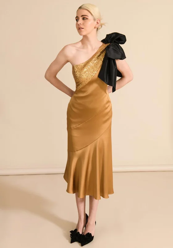 Sisters By Caroline Kilkenny Kennedy Sequin Satin Maxi Dress, Gold Stylish Longline Maxi Dress