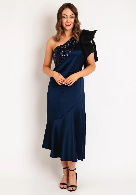 Sisters By Caroline Kilkenny Kennedy Sequin Satin Maxi Dress, Navy Trendy V-Neck Maxi Dress