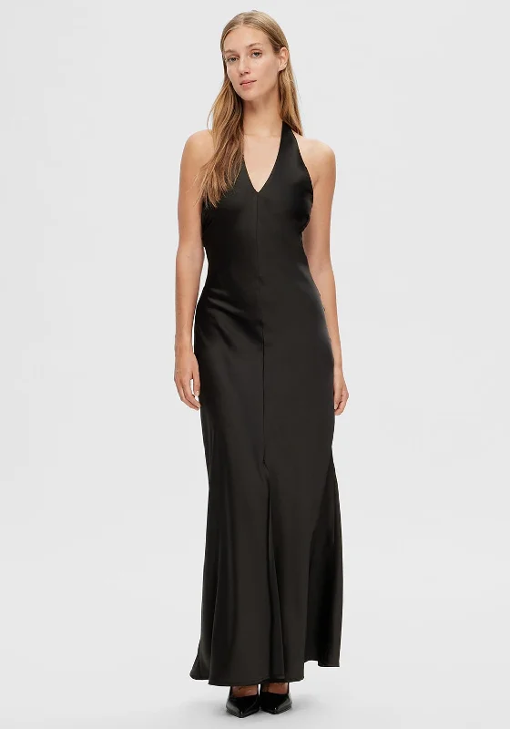 Selected Femme Renata Neck Holder Satin Maxi Dress, Black Comfortable Cotton Maxi Dress