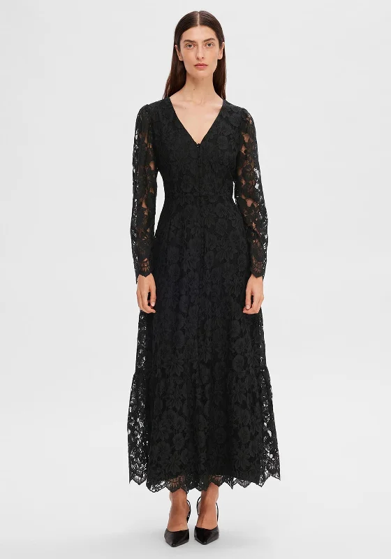 Selected Femme Tara Lace Maxi Dress, Black Elegant Maxi Dress with Lace