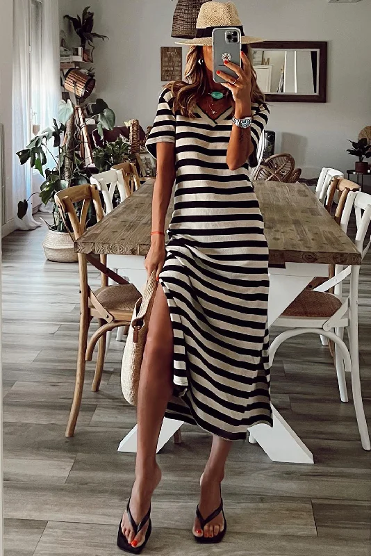 Stripe Print V Neck Maxi Dress with Side Splits Elegant Maxi Dress with Belt