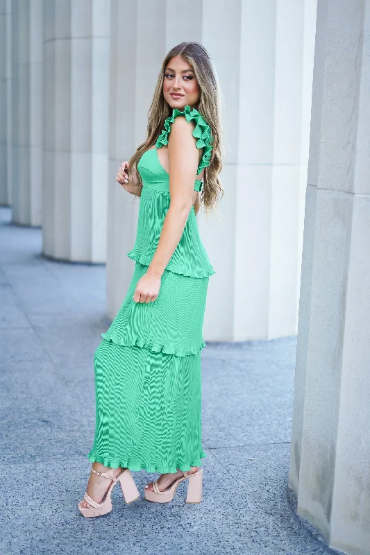 Tabi Pleated Scoop Back Maxi Dress - Green - FINAL SALE Classic Strapless Maxi Dress