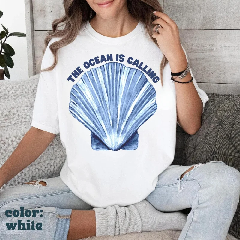 The Ocean is Calling Beach Seashell Tee - Watercolor Beach Tee - Seashell Tee - Mermaidcore - Ocean Aesthetic - Comfort Colors Unisex Tee Spandex Blend Rayon Blend Denim Blend