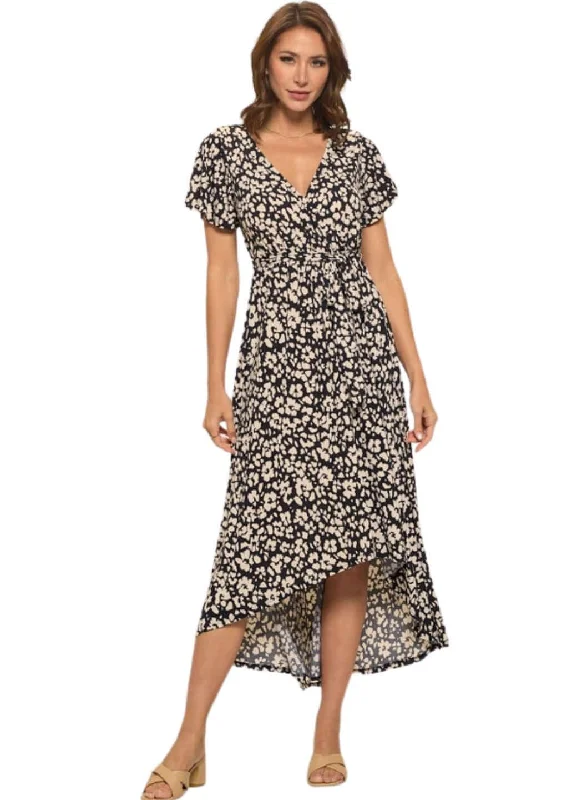 Black & Tan Floral Printed Maxi Dress Made in USA Fashionable Off-Shoulder Maxi Dress