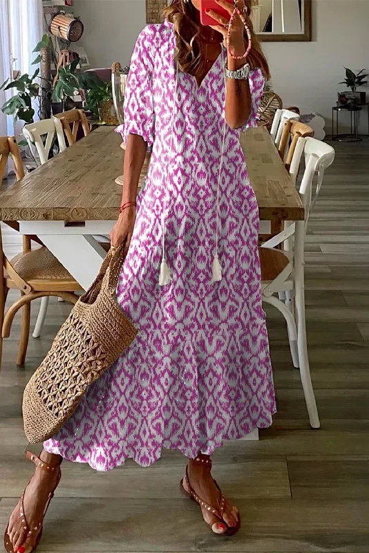 V Neck Casual Geometric Print Maxi Dress Trendy Maxi Dress with Belt