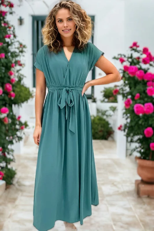 V Neck Wrap Pleated Short Sleeve Maxi Dress Comfortable Plunging Neckline Maxi Dress