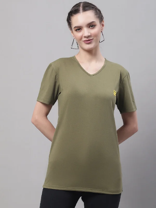 Vimal Jonney V Neck Cotton Solid Olive T-Shirt for Women Elasticated Padded Insulated