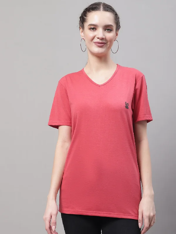 Vimal Jonney V Neck Cotton Solid Pink T-Shirt for Women Fitted T-Shirt Seamless Stretchy