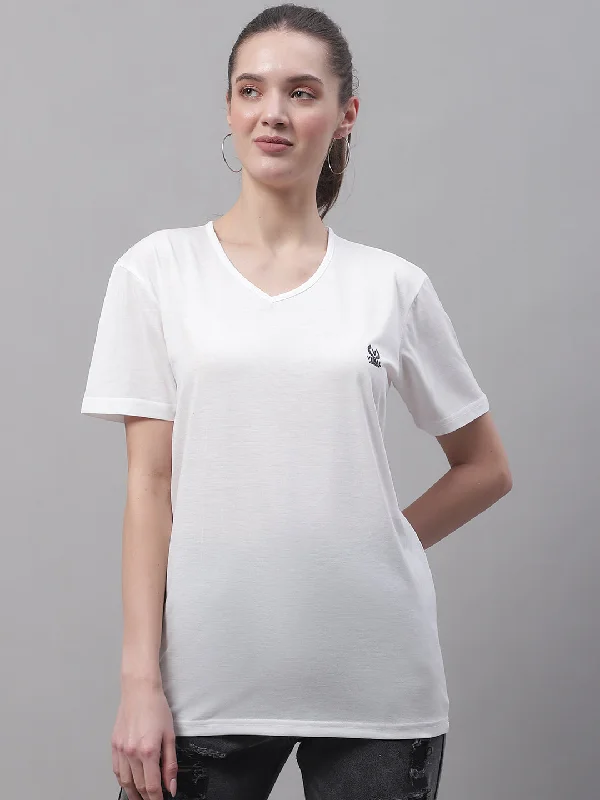 Vimal Jonney V Neck Cotton Solid White T-Shirt for Women Lace Blend Ribbed Blend Corduroy Blend