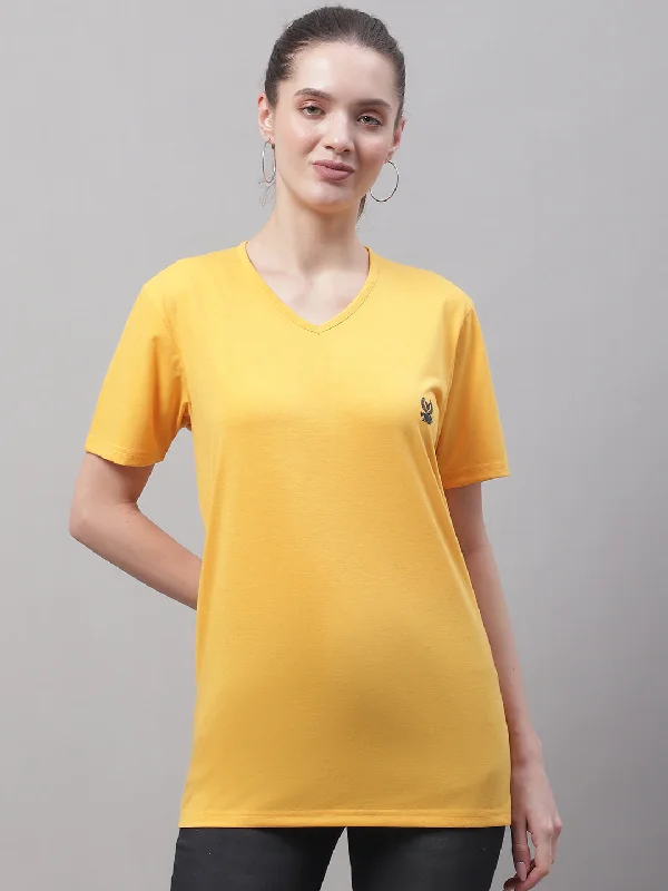 Vimal Jonney V Neck Cotton Solid Yellow T-Shirt for Women Nylon Fabric Polyester Fabric Spandex Fabric