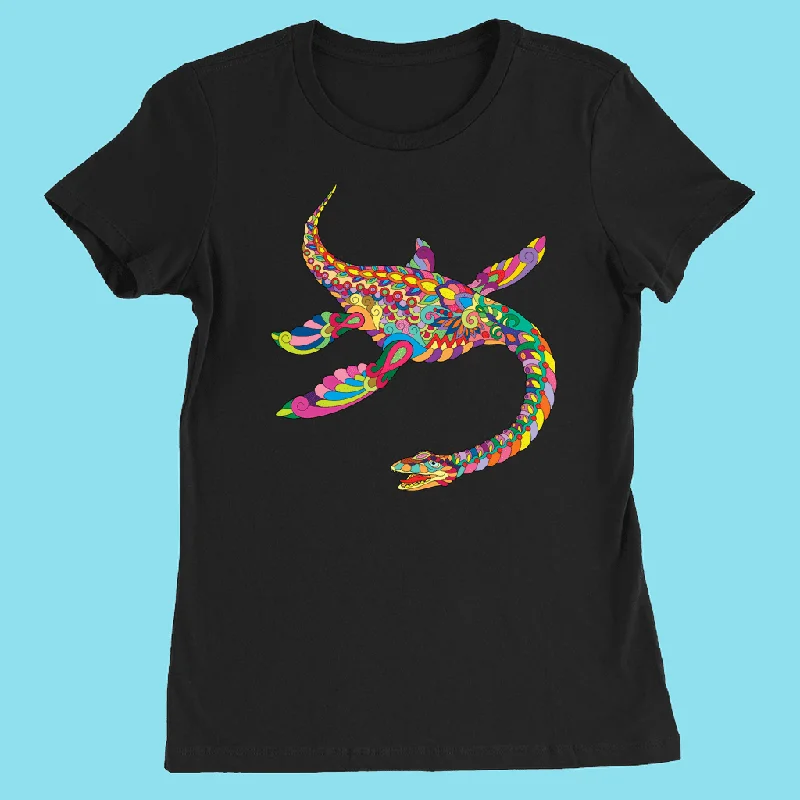 Women Plesiosaurus Zentangle T-Shirt Collared Crew Neck Turtle Neck