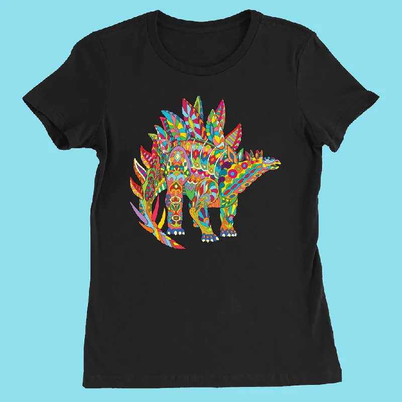 Women Stegosaurus Zentangle T-Shirt V-Neck T-Shirt Long Sleeve Cotton