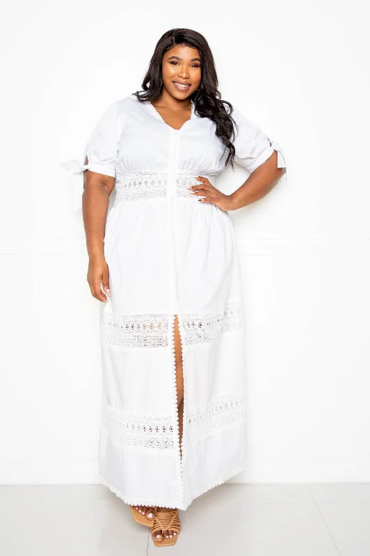 Puff Sleeve Maxi Dress With Lace Insert Trendy Maxi Dress with Bow