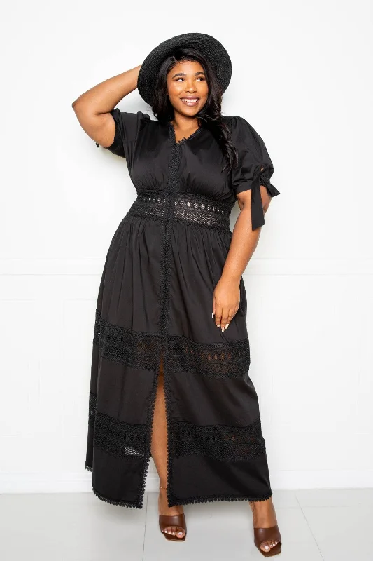 Puff Sleeve Maxi Dress With Lace Insert Comfortable Maxi Dress with Slits