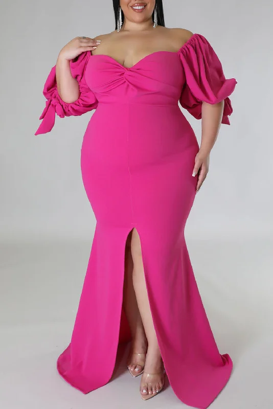 Bow Tie Puff Sleeve Plus Size High Slit Maxi Dress Stylish A-Line Maxi Dress