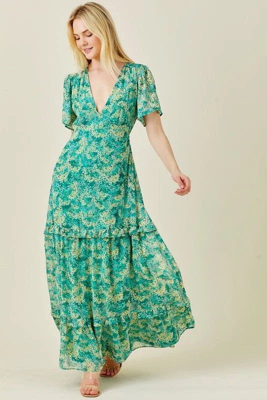 Bree Short Sleeve Floral Print Maxi Dress Green Cozy Maxi Dress with Slit