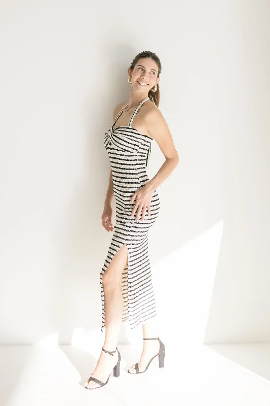 Brooke Sleeveless Halter Tie Stripe Print Knit Maxi Dress Black Fashionable Sheer Maxi Dress