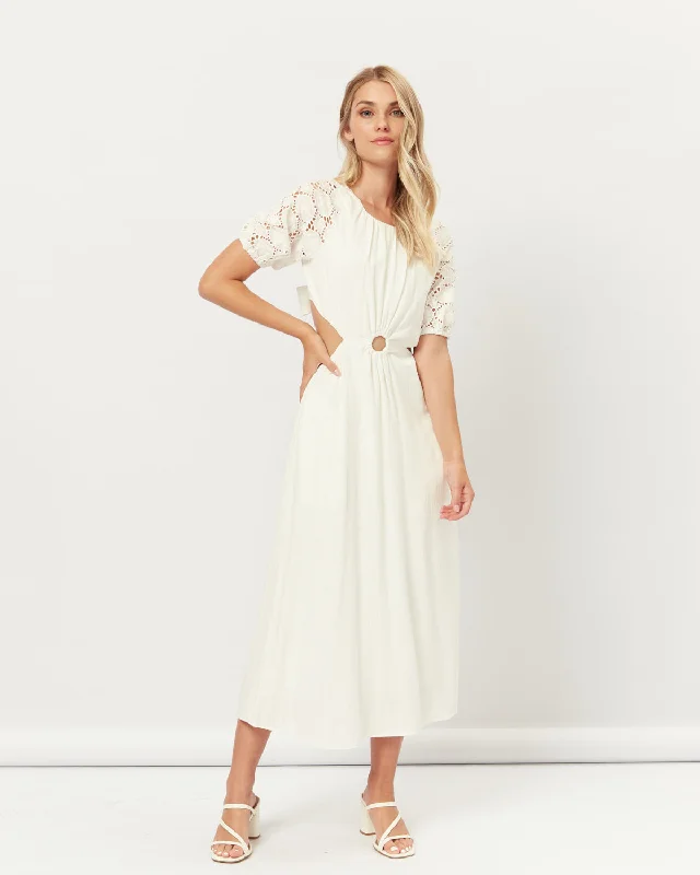 Hazel Broderie Puff Sleeves Cut Out Maxi Dress Fashionable Chiffon Tiered Maxi Dress