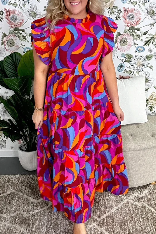 Multicolour Plus Abstract Print Ruffled Mock Neck Tiered Maxi Dress Casual Maxi Dress with Pockets