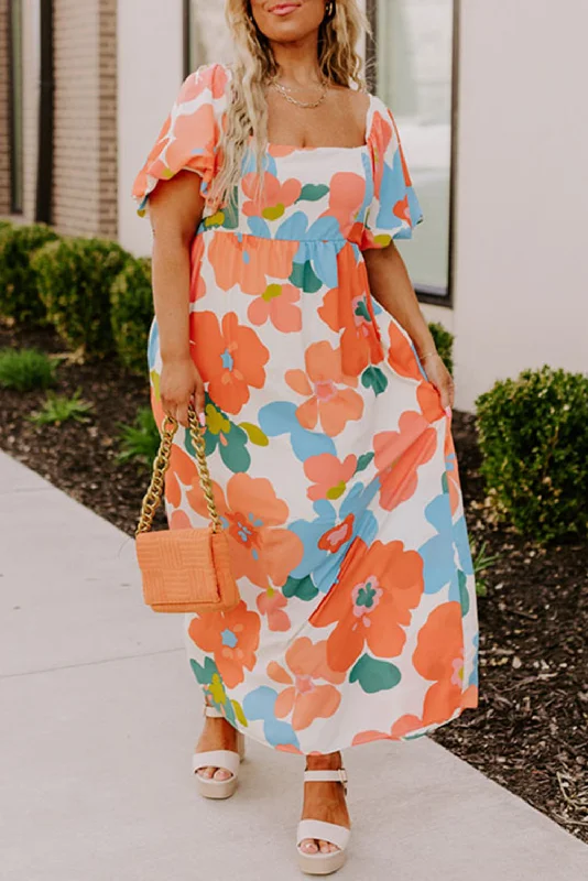 Orange Plus Size Flower Print Shirred Square Neck Maxi Dress Elegant Maxi Dress with Drapes