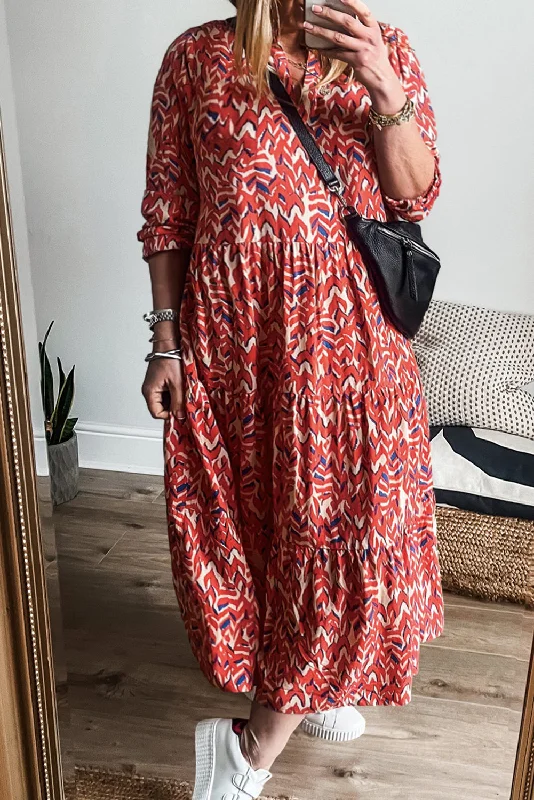 Red Plus Size Abstract Print Notch V Neck High Waist Maxi Dress Comfortable Long-Sleeve Maxi Dress