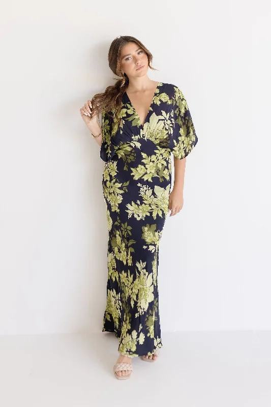 Ryker Kimono Sleeve Floral Print Maxi Dress Black Comfortable Flowy Maxi Dress